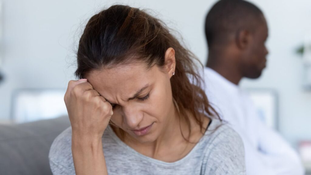 Depressed upset young woman wife feeling frustrated offended and sad after fight with stubborn selfish jealous husband suffer from bad relationships,.
