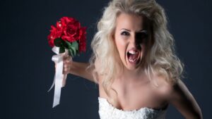Emotional bride screaming looking at camera.