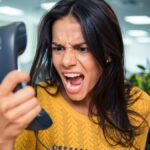 Angry businesswoman shouting on phone in office.