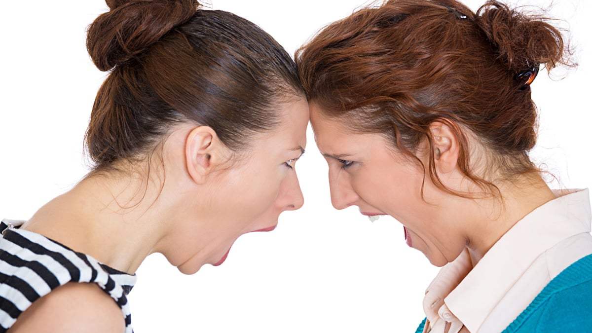 Closeup portrait young angry women, screaming at each other, blaming for problem, mistakes, isolated white background.